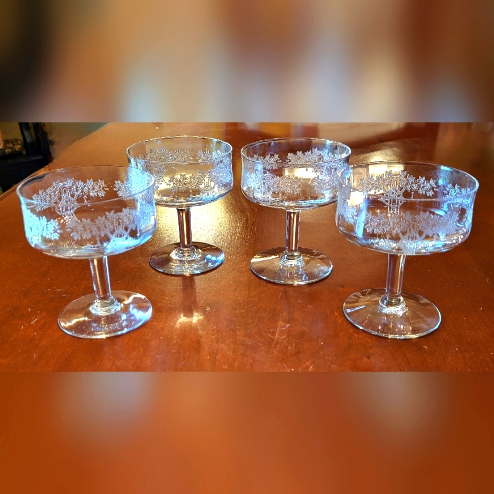 Lot of 4 Vtg Rosland Clear Low Sherbert Glasses by Monongah Etched Hand Blown